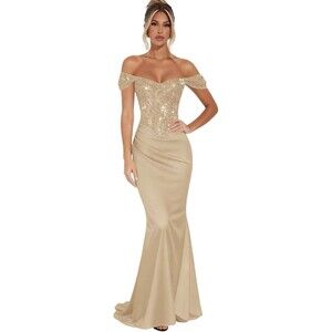 NWT Witness of Love 2-Piece Sequin Corset Satin Maxi Dress Champagne Gold Size 6